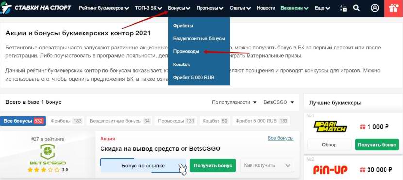 Раздел Бонусы на сайте Stavkinasport.com